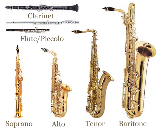 Woodwind instruments clarinet, flute, piccolo, soprano, alto, tenor, baritone saxophone