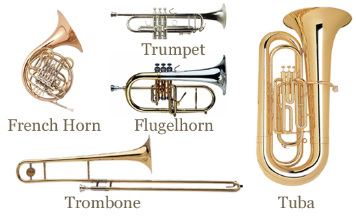 Brass instruments trumpet, flugelhorn, french horn, trombone, tuba